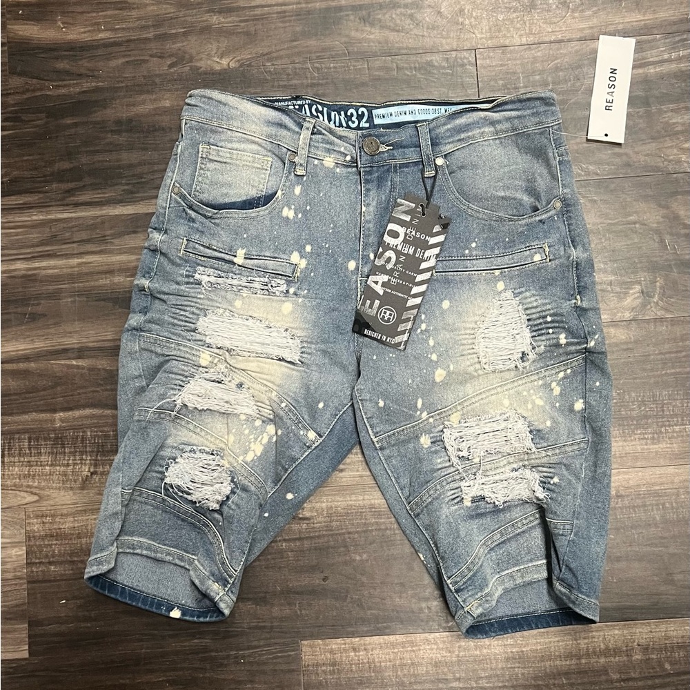 Reason Blue Distressed Jean Shorts Relaxed Fit